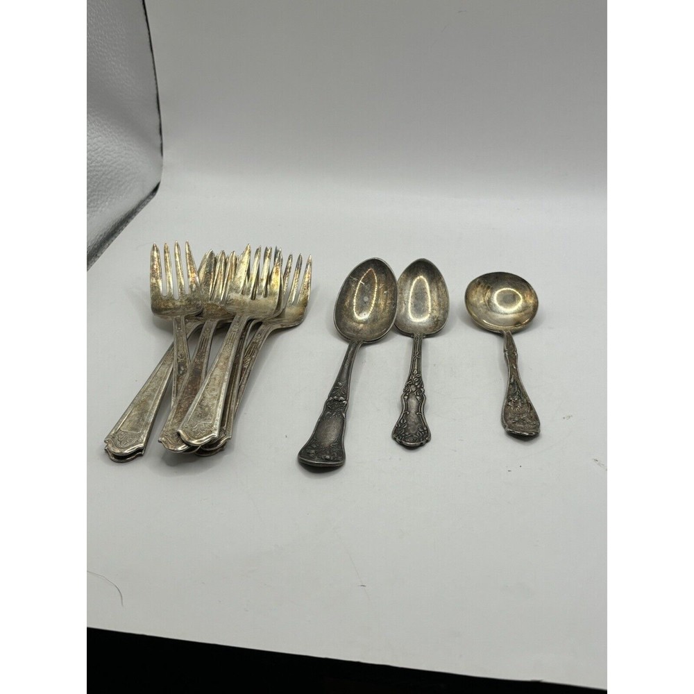 Set Of 7 Florentine Silver Plate Desert Forks 3 Different Silver Plate Spoons